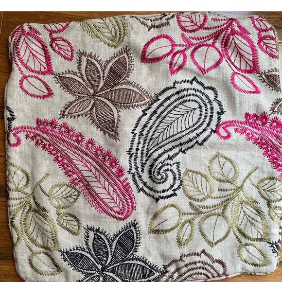 Two Handmade 20x20 Pillow covers. Pink, green, black Linen leaves flowers design - Picture 1 of 7